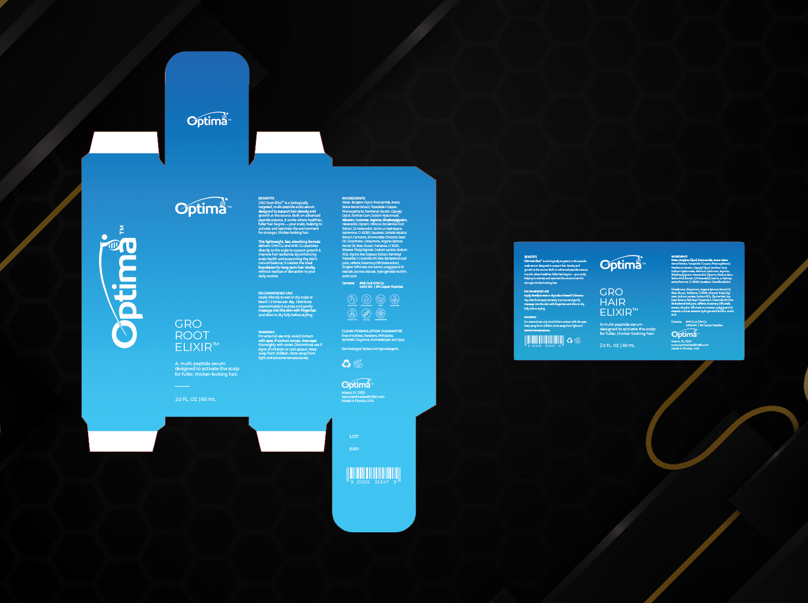 Optima GRO Root & Hair Elixir packaging design